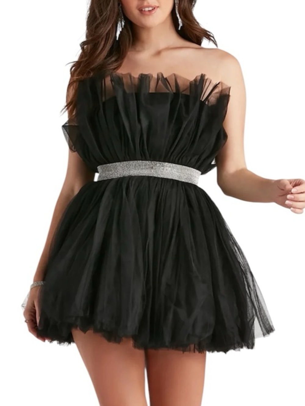 Windsor Belle Black Tulle Strapless Mini Dress with Rhinestone Waist
